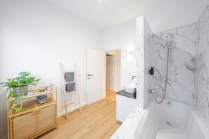 Hair dryer, towels, soap, toilet paper
