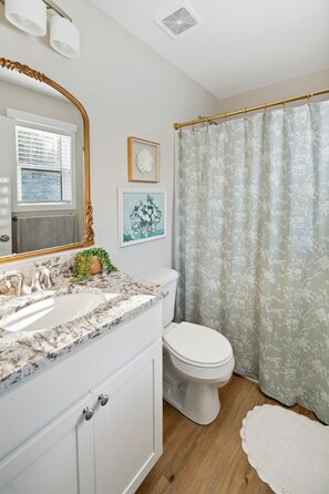 Hair dryer, towels, soap, shampoo