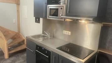 Classic Condo | Private kitchen | Fridge, microwave, oven, stovetop