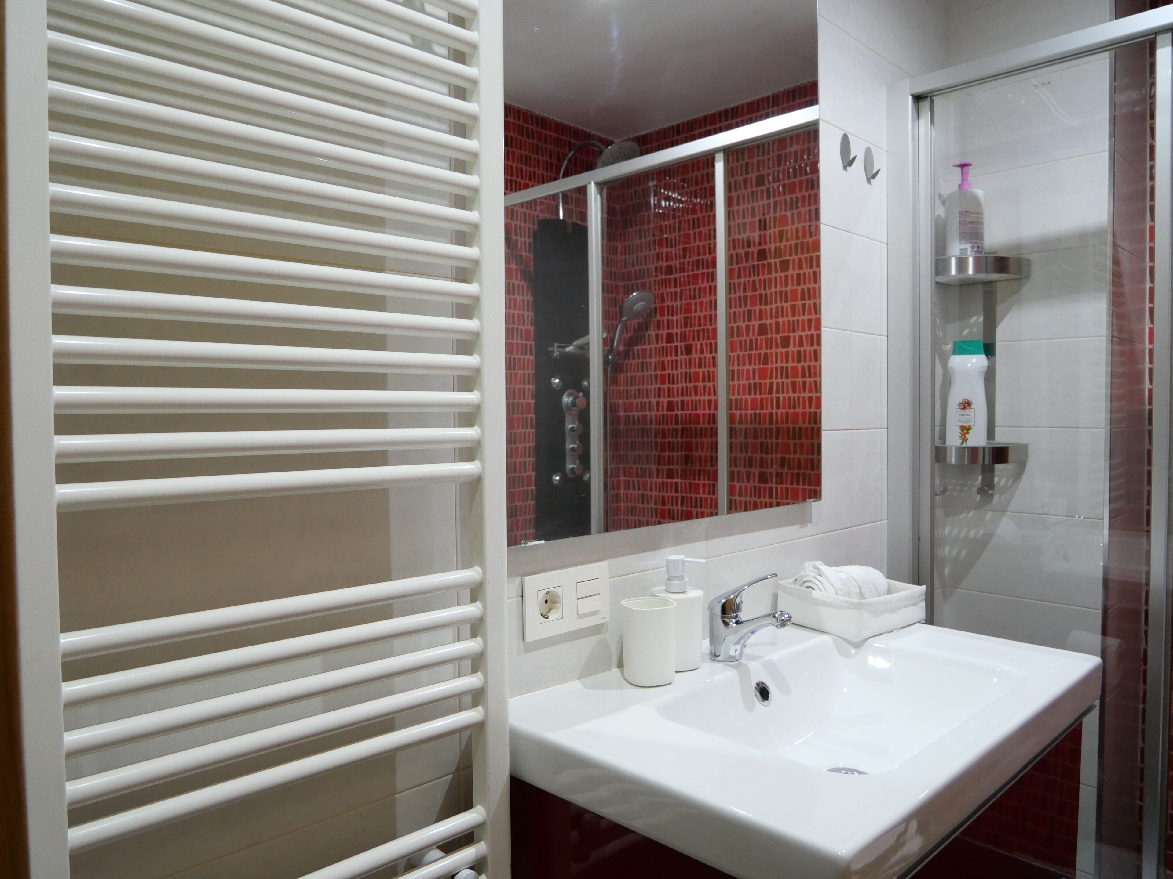 Douche, sèche-cheveux, serviettes fournies, savon