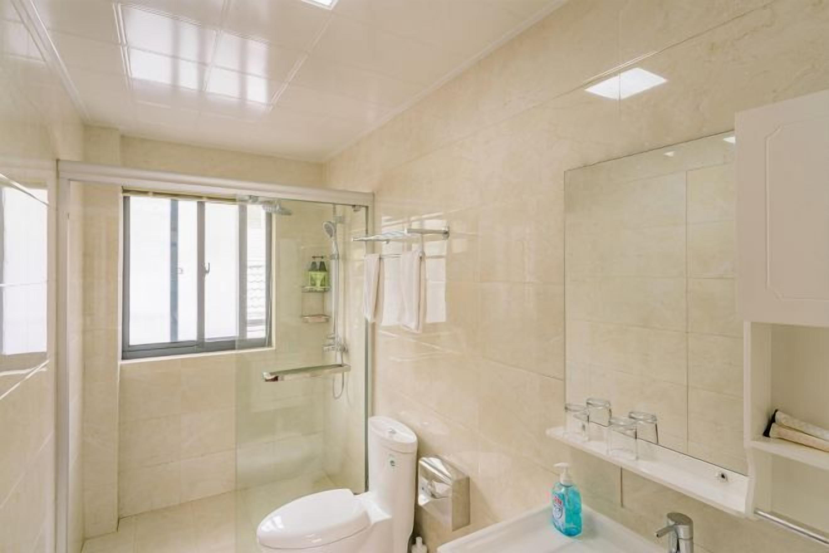 A modern bathroom with a glass-enclosed shower, a toilet, and a sink with a mirror above.
