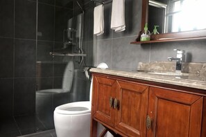 A bathroom with a shower, toilet, vanity, and a mirror.
