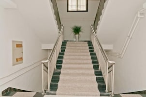A staircase with a handrail, carpeted steps, and a potted plant at the top.