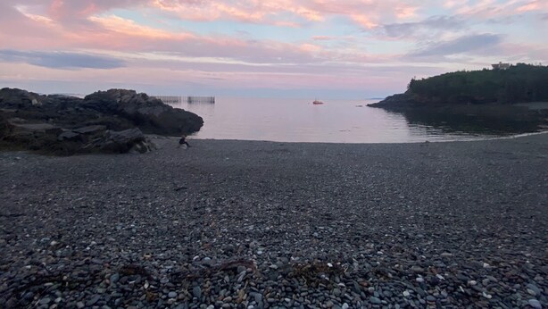 Una playa de guijarros con un litoral rocoso, un muelle lejano y un mar tranquilo bajo un cielo de colores pastel.