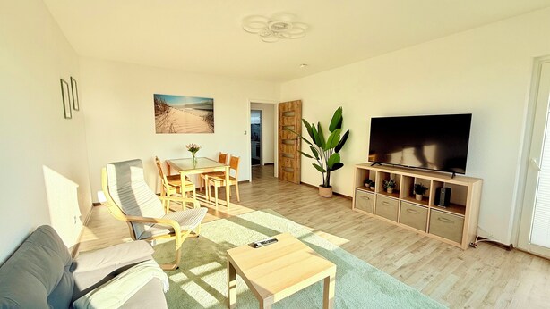 A spacious living room with a sofa, a dining table with chairs, a TV on a wooden cabinet, and a large plant.