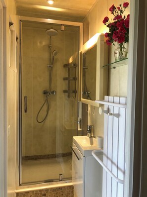 Dusche, Haartrockner, Handtücher, Toilettenpapier