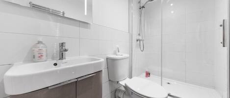 Shower, hair dryer, towels, toilet paper