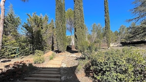 Un camino que lleva a un banco de piedra rodeado de grava y follaje, con altos cipreses y un cielo azul despejado.