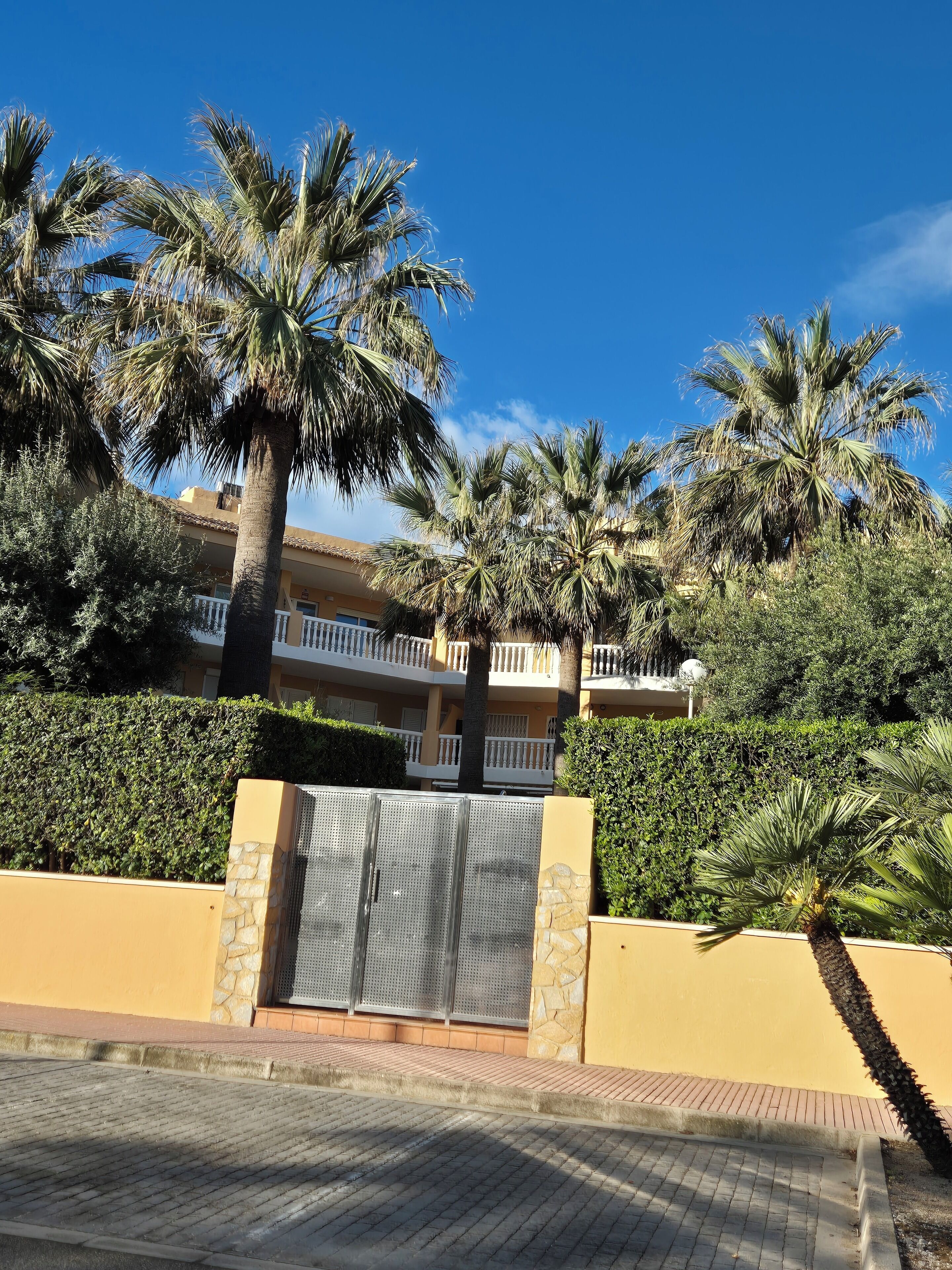 A gated entrance with palm trees, a yellow building, and a clear blue sky.