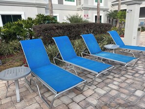 Outdoor pool, pool umbrellas, pool loungers