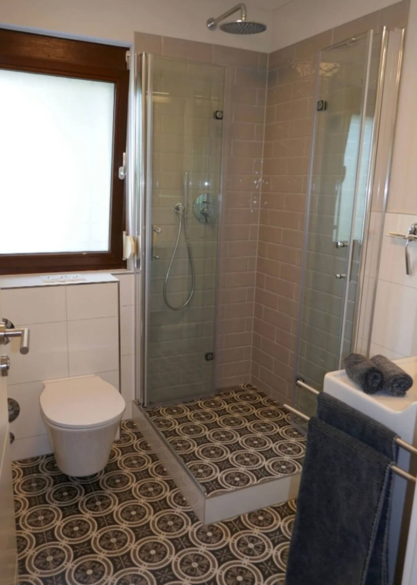 Chuveiro, toalhas de banho, papel higiênico 