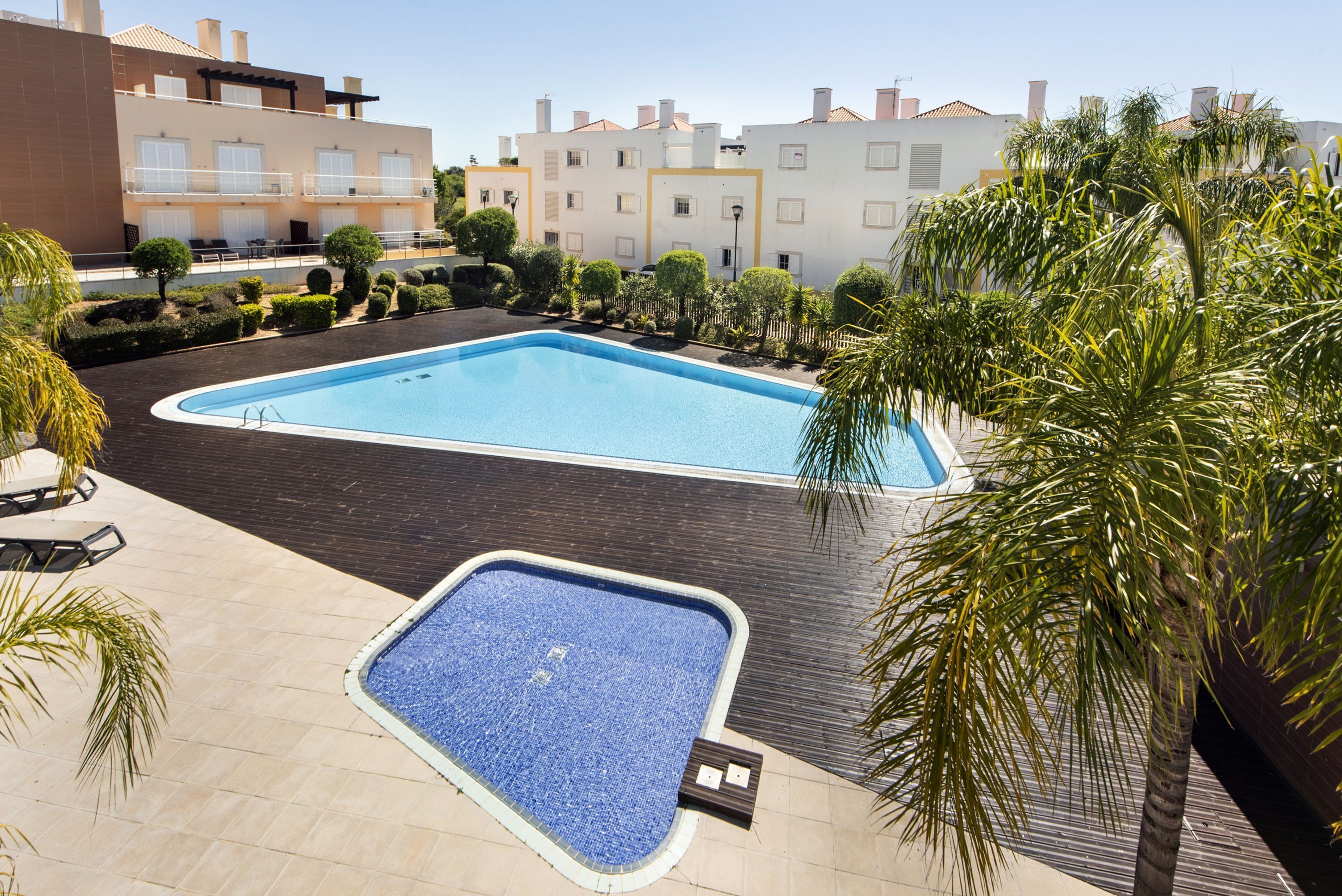A swimming pool with a tiled deck, surrounded by neatly trimmed bushes and palm trees.