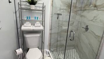 Shower, hair dryer, towels, soap