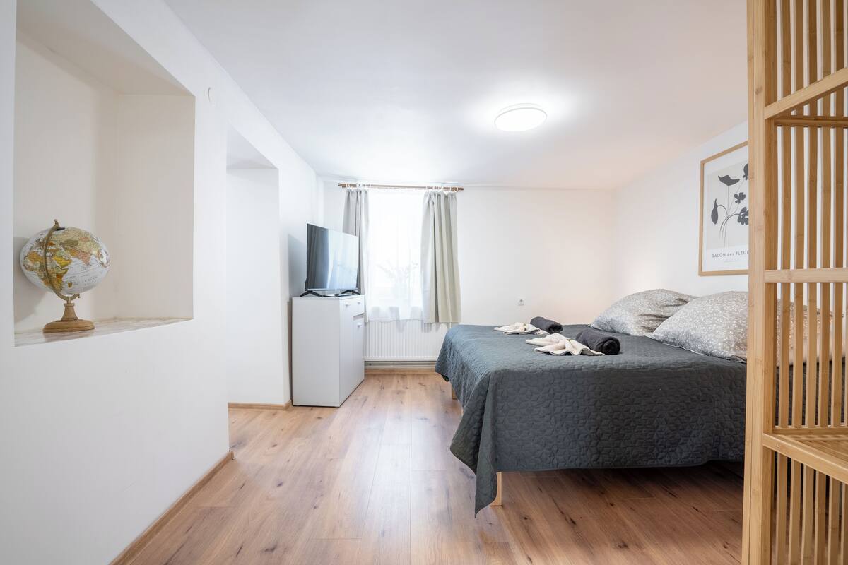 A bedroom with a bed, a desk, a globe, and a TV.