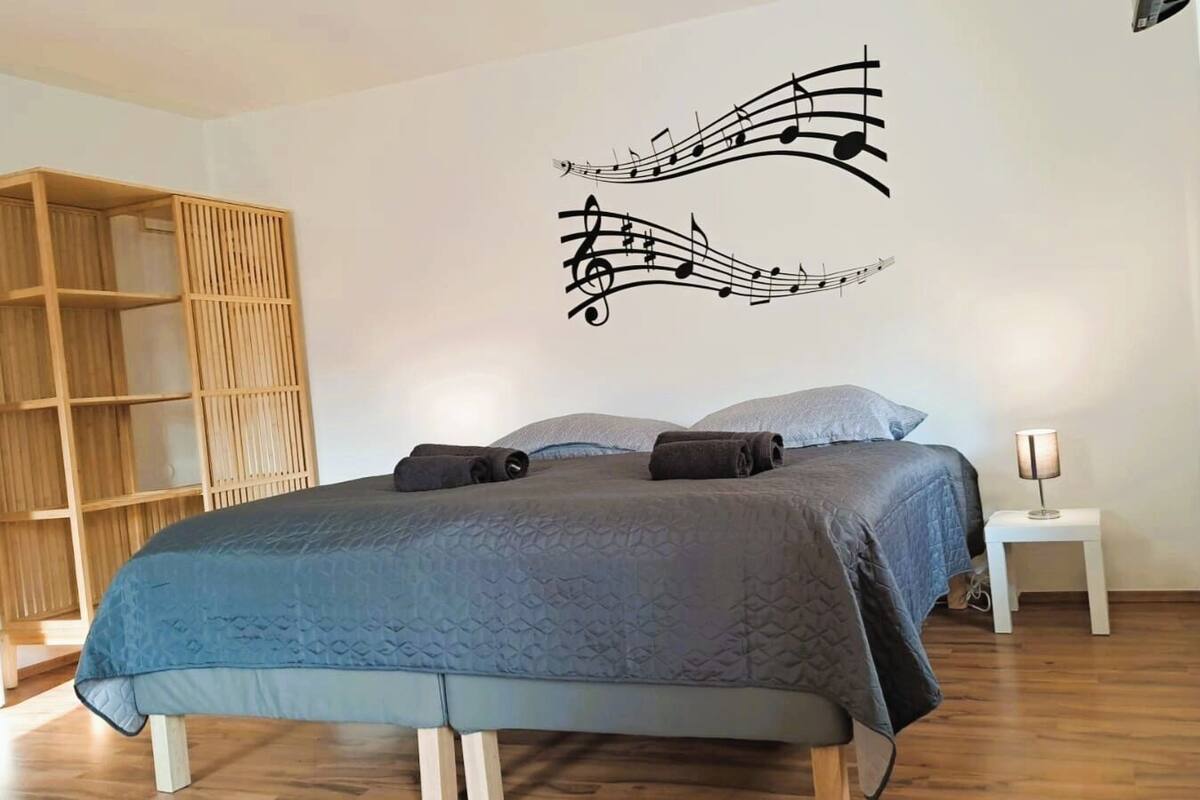 A bedroom with a bed, a wooden wardrobe, and a wall with musical notes.