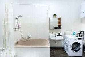 Hair dryer, towels, soap, shampoo