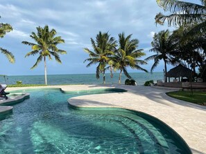 A pool area with clear water, surrounded by palm trees and a view of the ocean.