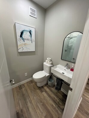 Hair dryer, towels, soap, toilet paper