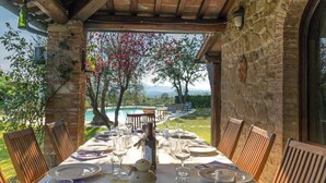 An outdoor dining area with a table set for four, overlooking a pool and garden.
