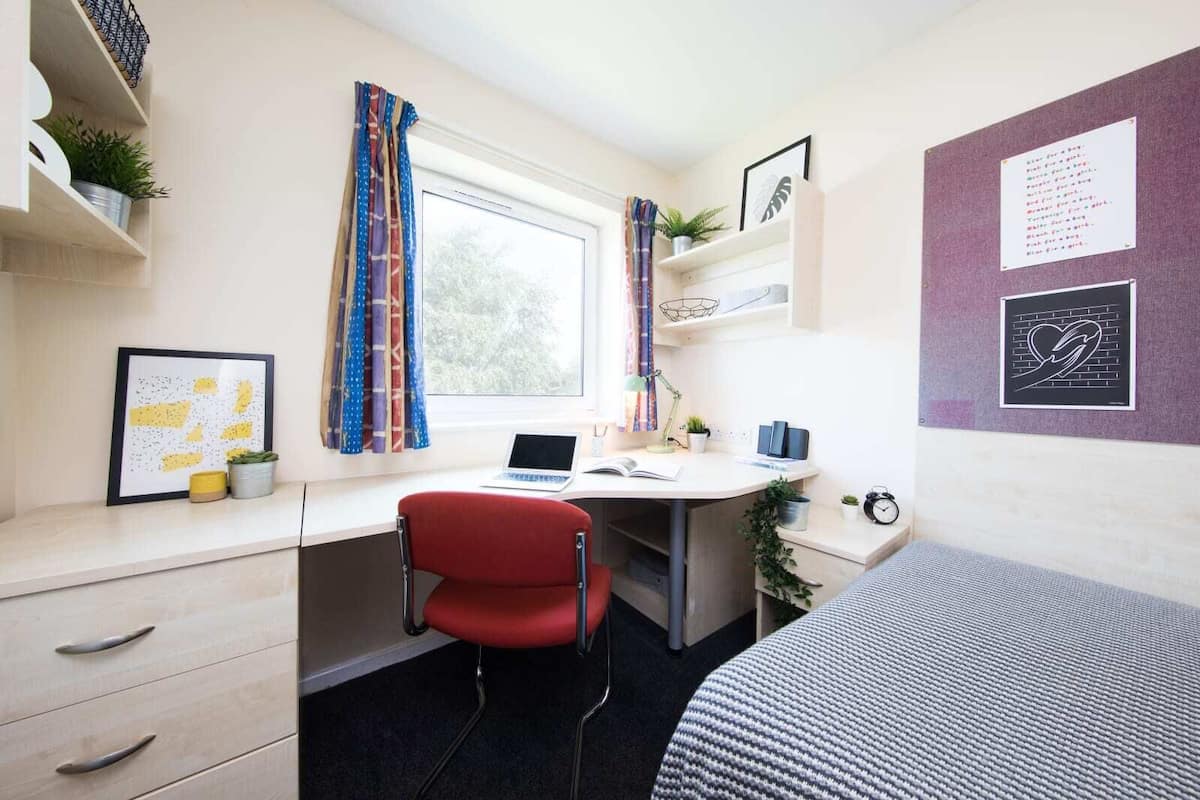 A dormitory room with a desk, chair, bed, and shelves with plants.