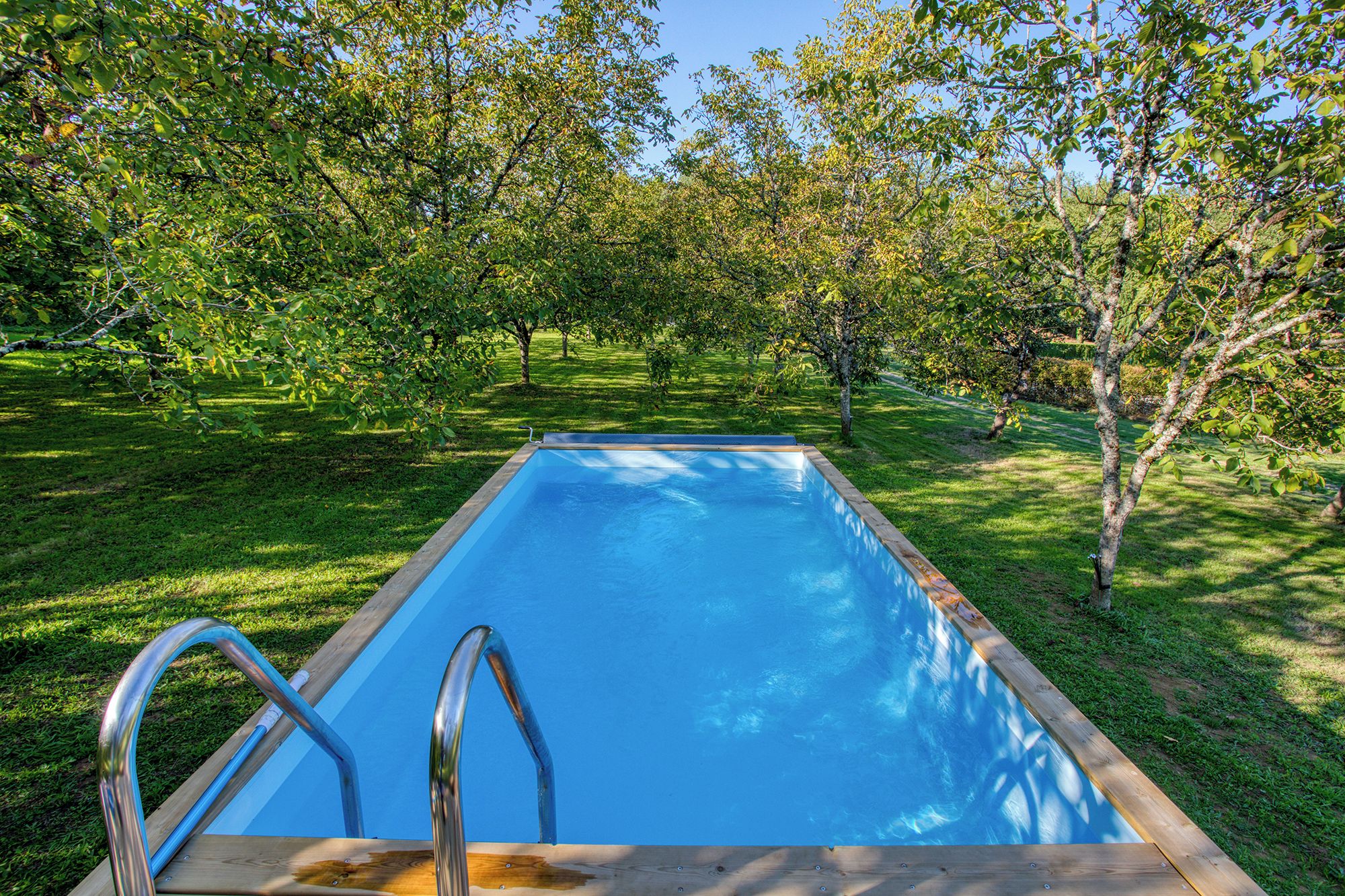 Una piscina rectangular con escaleras metálicas a la izquierda, rodeada de césped y árboles.