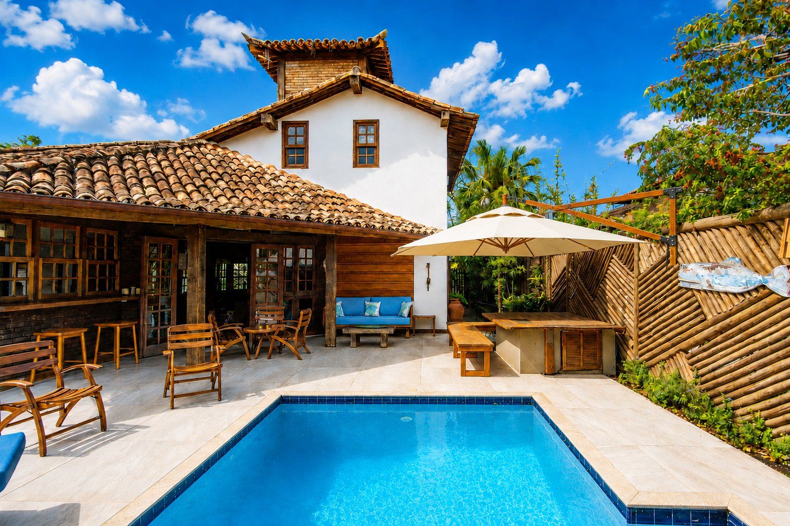 A pool area with a white building, wooden furniture, and a bamboo fence.