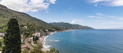 A coastal landscape with a clear sky, a beach, and a railway track.