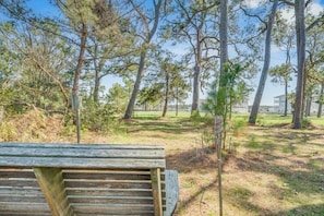Un banc en bois dans un parc, avec de grands arbres et un bâtiment en arrière-plan.