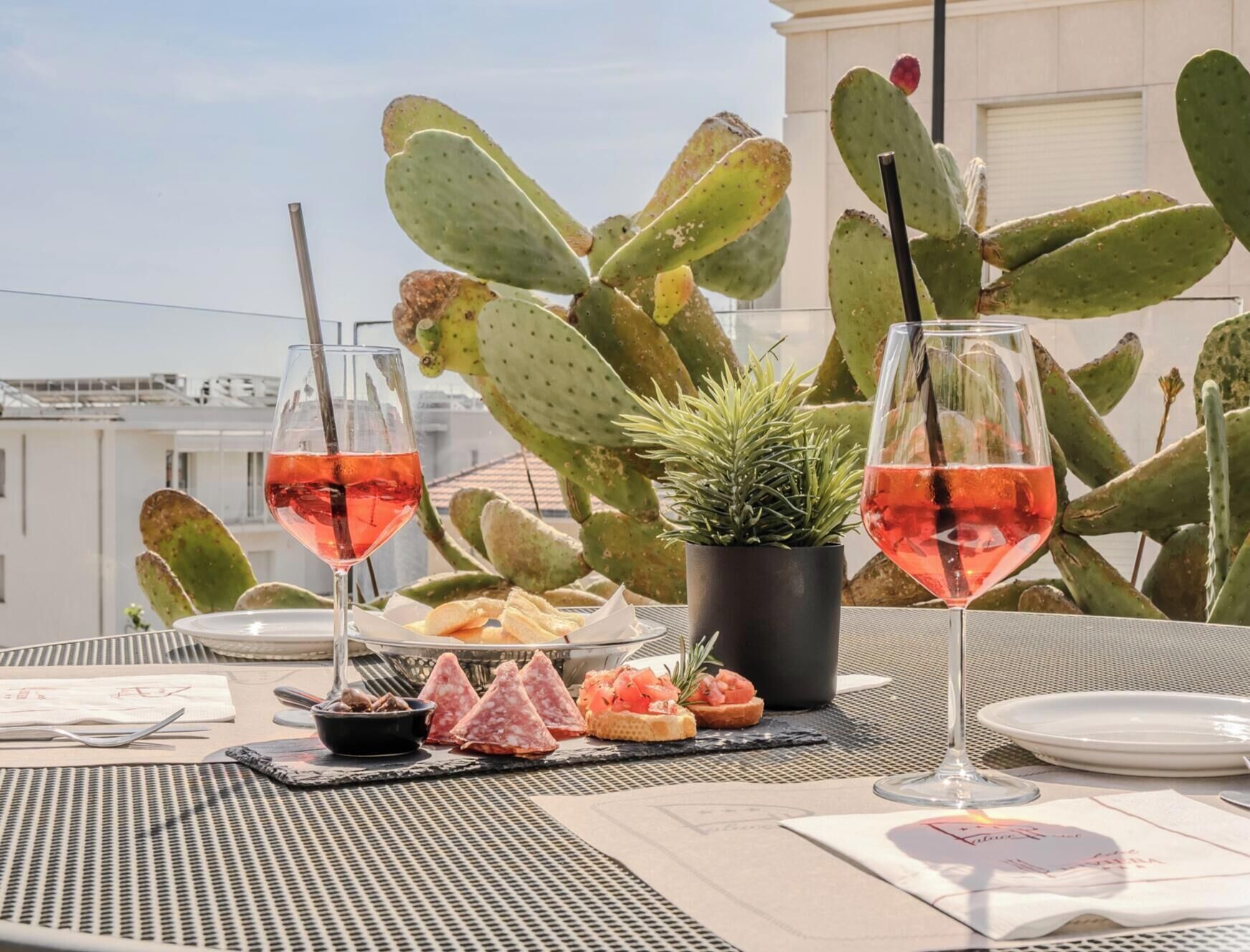Ein Tisch, gedeckt mit zwei Gläsern Roséwein, einem kleinen Topfpflanzen und verschiedenen Vorspeisen, darunter Salami und Käse auf Brot, auf einer Dachterrasse mit Kakteen im Hintergrund.