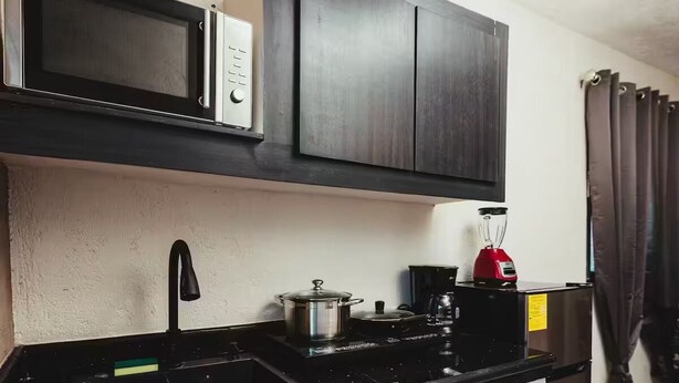A compact kitchen with a microwave, stove, sink, and dark cabinets. - Apartments cabos 6 (San José del Cabo)