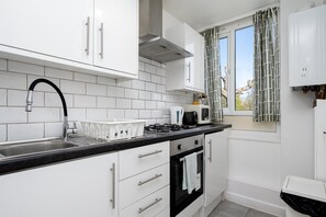 Fridge, microwave, oven, coffee/tea maker