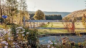 Paesaggio rurale con una recinzione in legno, uno stagno e vegetazione circostante.