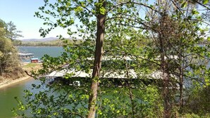 A lakeside cabin with a dock, surrounded by trees and a clear view of the lake. -  Carters Lakeside Log Cabin #1. Located in Carters Lake Marina, with boat slip ! (Chatsworth)