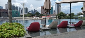 Indoor pool, pool umbrellas, pool loungers