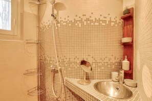 Douche, serviettes fournies, papier toilette