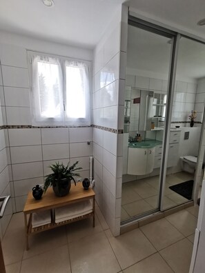 Hair dryer, towels, soap, toilet paper