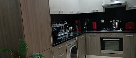 Full-size fridge, microwave, oven, stovetop
