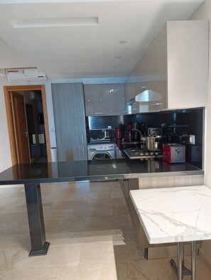 Full-sized fridge, microwave, oven, stovetop