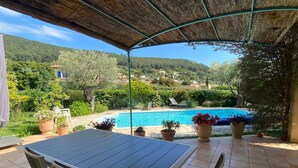 An outdoor patio with a table and chairs, a pool, and surrounding greenery.