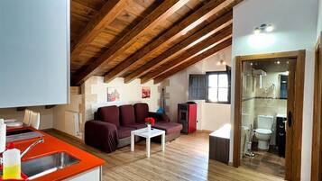 Amplia sala de estar con techo de madera, sofá, mesa de centro y una zona de cocina con pileta y encimera.