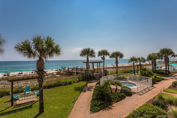 A beachfront resort with a pool, palm trees, and a wooden deck overlooking the ocean.