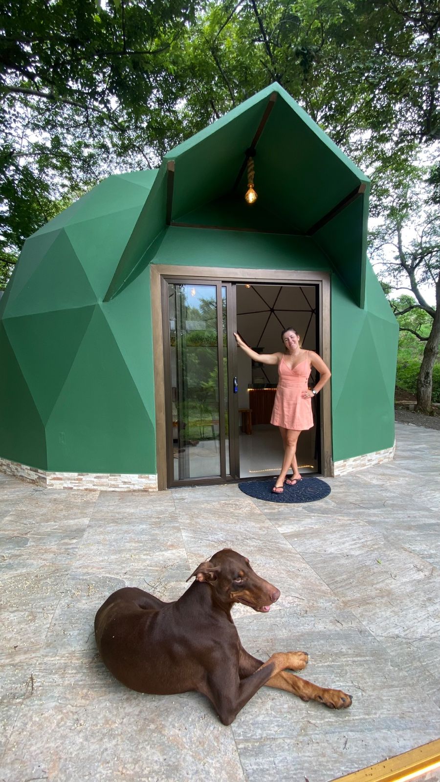 A person standing at the entrance of a green geodesic-style building with a glass door, a dog lying on the ground in front, and a light bulb hanging from the roof.
