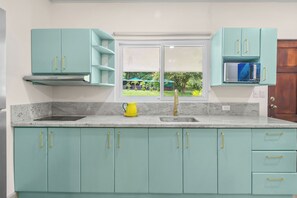 Villa Deluxe, vista montagna | Cucina privata | Frigorifero con congelatore, microonde, piano cottura