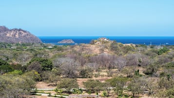 Un paysage côtier avec vue sur la mer, une végétation aride et quelques bâtiments visibles au loin.