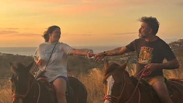 Dos personas montando a caballo en un campo con un atardecer de fondo.