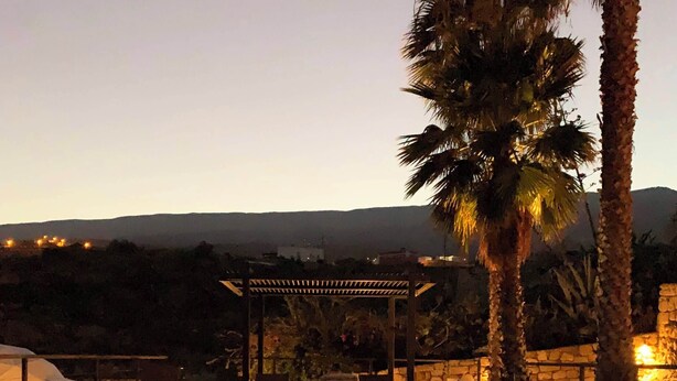 A swimming pool with a pergola and palm trees, surrounded by stone walls and a view of distant hills. - Bungalow with Pool in Rural Farm (El Escobonal)