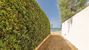 Ein Weg, der von einer ordentlich geschnittenen Hecke und einer weißen Mauer gesäumt wird, führt zu einem Tor.