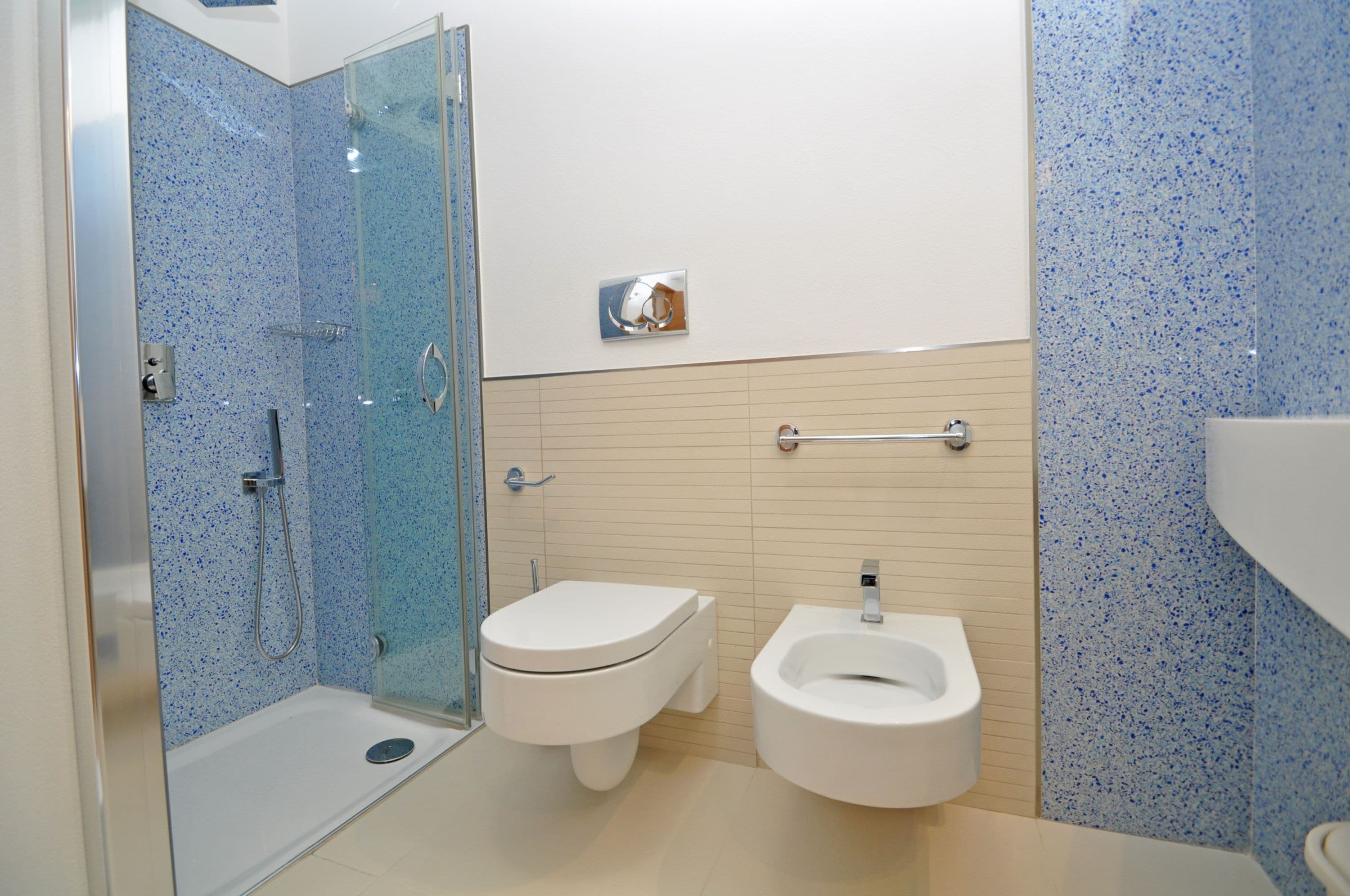 Uma casa de banho com cabine de duche em vidro, sanita e bidé.