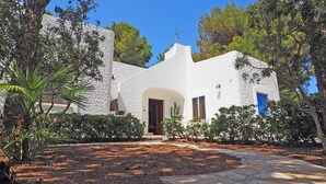 A white stucco house with a stone pathway leading to the entrance, surrounded by greenery and trees. - Villa Marechiaro 50 m From the sea 3 Bedrooms 2 Bathrooms (Racale)