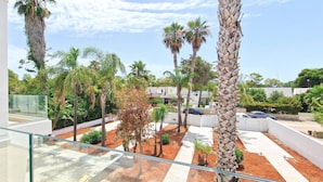 Zona residencial con palmeras, cielo despejado y casas modernas.